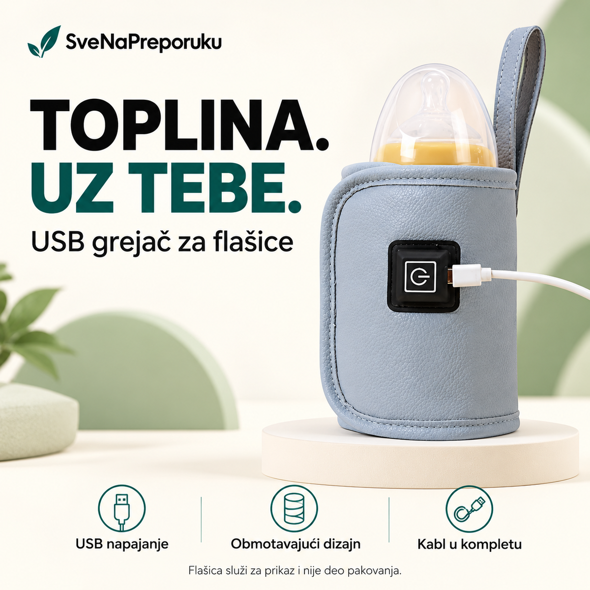 Plavosivi USB grejač za flašice — obmotavajući dizajn i USB kabl u kompletu.