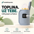 Plavosivi USB grejač za flašice — obmotavajući dizajn i USB kabl u kompletu.