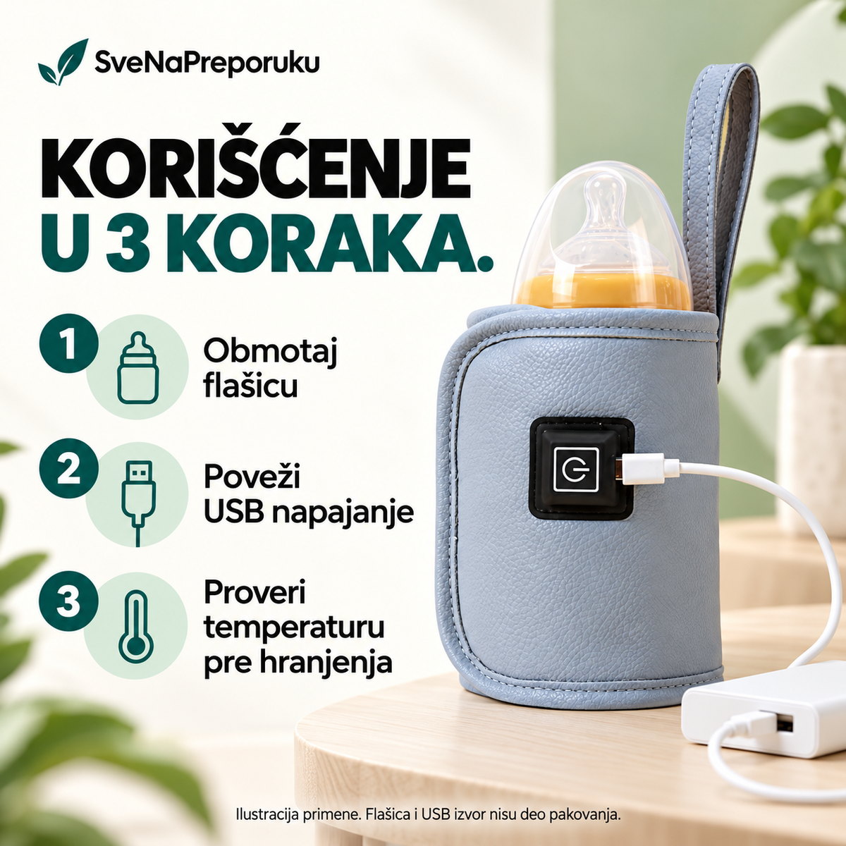Korišćenje grejača u tri koraka: obmotaj flašicu, poveži USB napajanje i proveri temperaturu pre hranjenja.