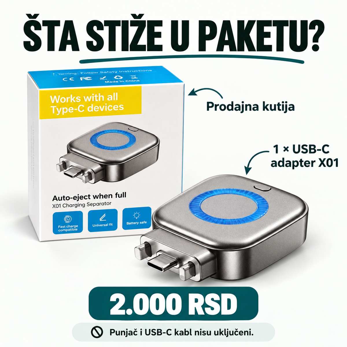 Sadržaj pakovanja — jedan X01 adapter i prodajna kutija