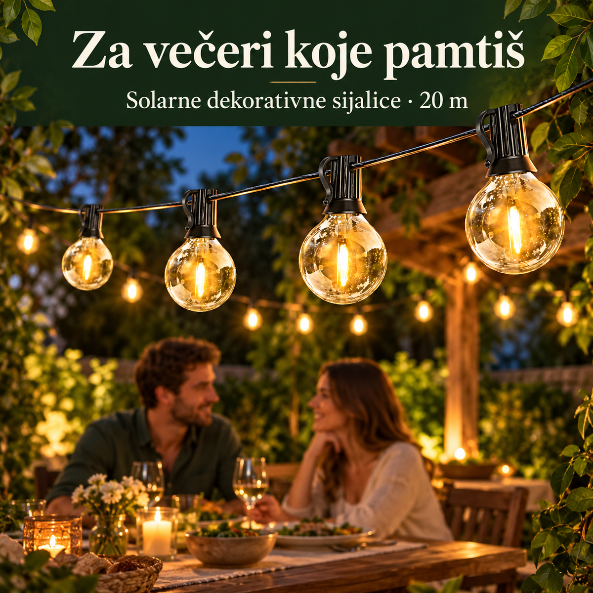 Solarne dekorativne sijalice G40 od 20 m – toplo svetlo za večernje druženje u bašti.