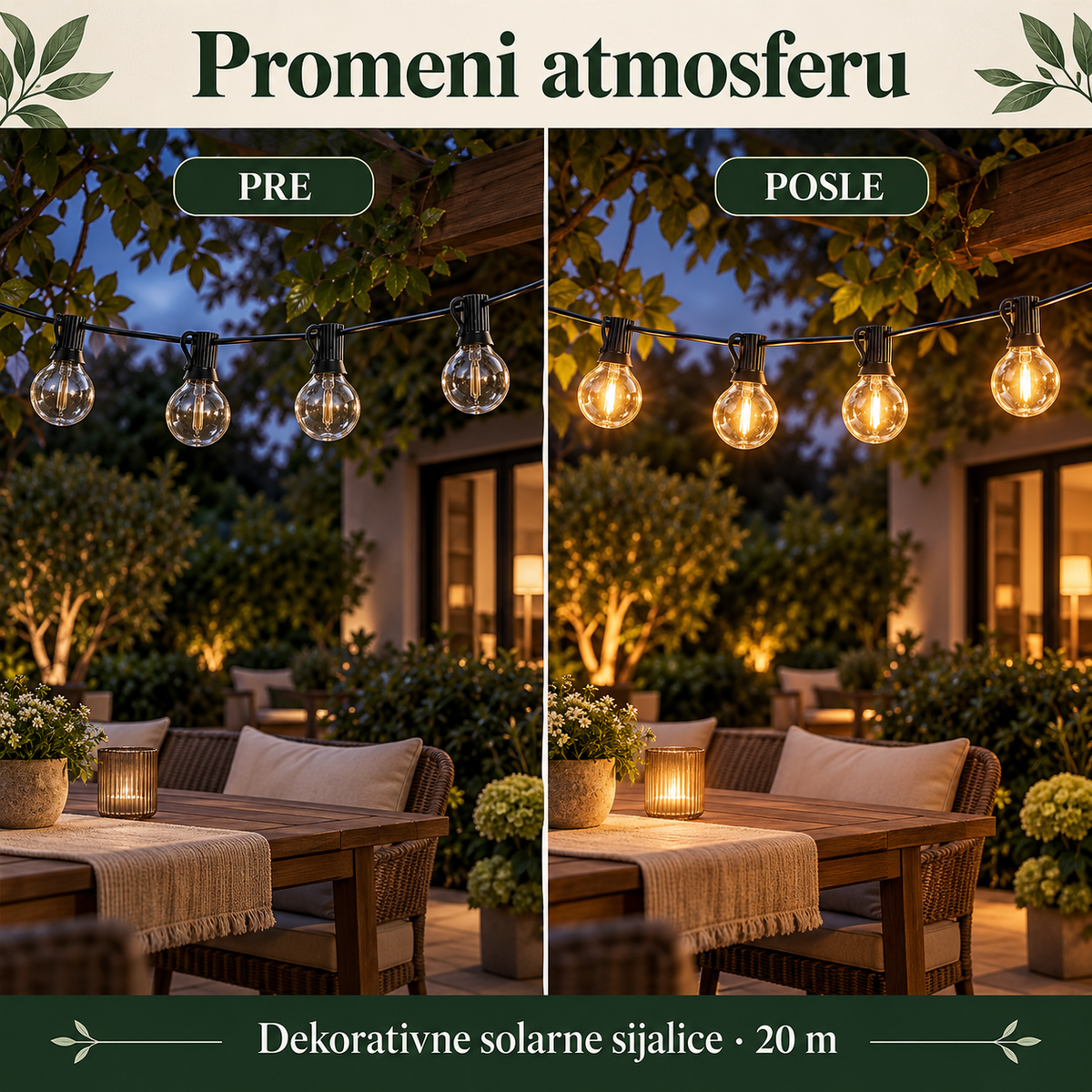 Ilustracija iste terase pre i posle uključivanja dekorativnih solarnih sijalica G40.