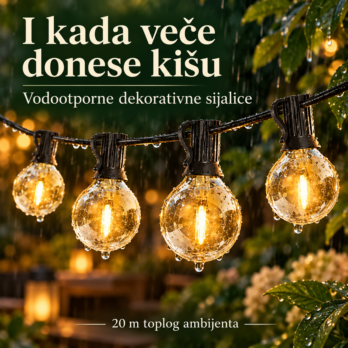 Vodootporne dekorativne sijalice G40 sa kapljicama kiše u večernjem ambijentu.