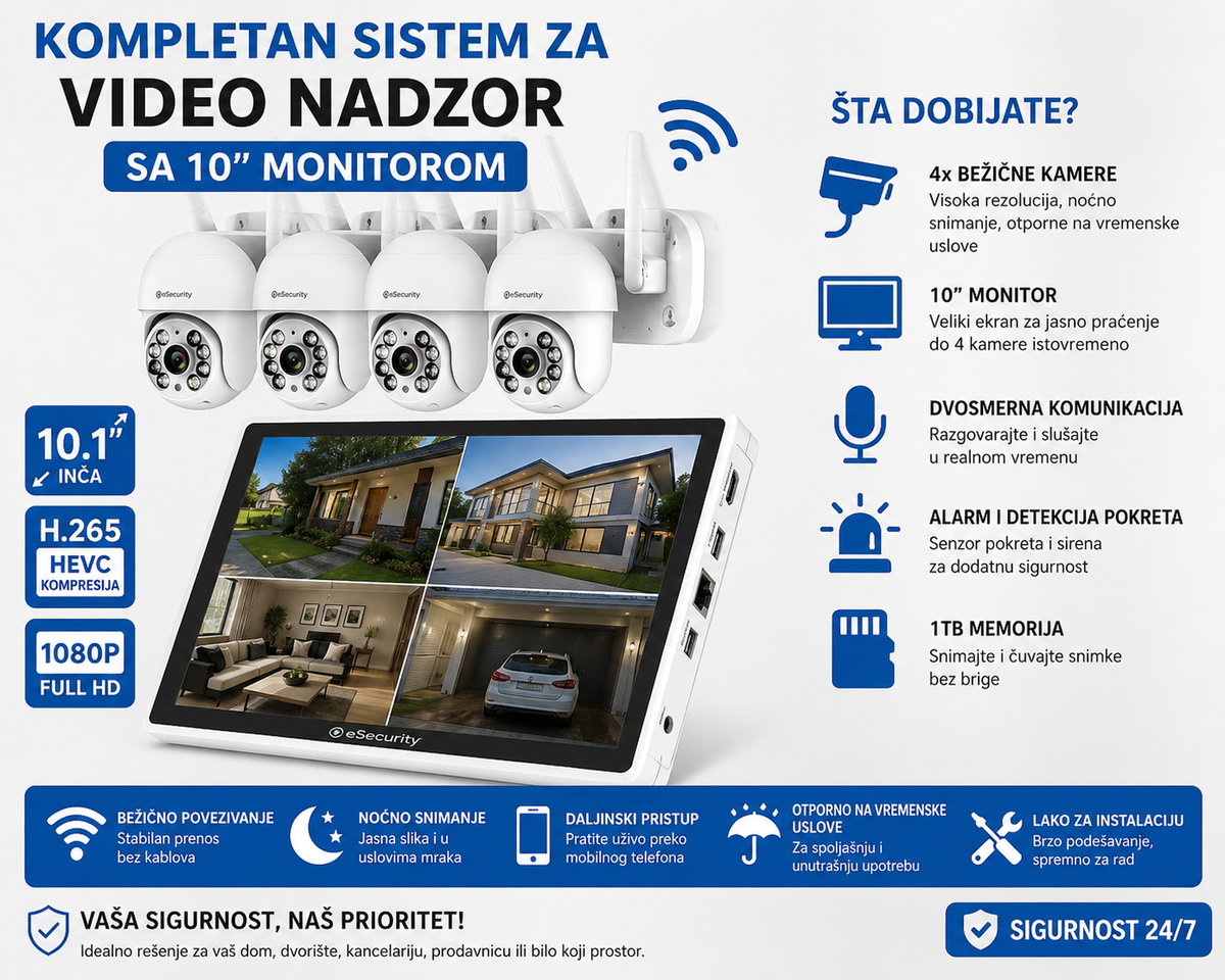 Video nadzor sa 4 PTZ kamere i monitorom 10,1 inca