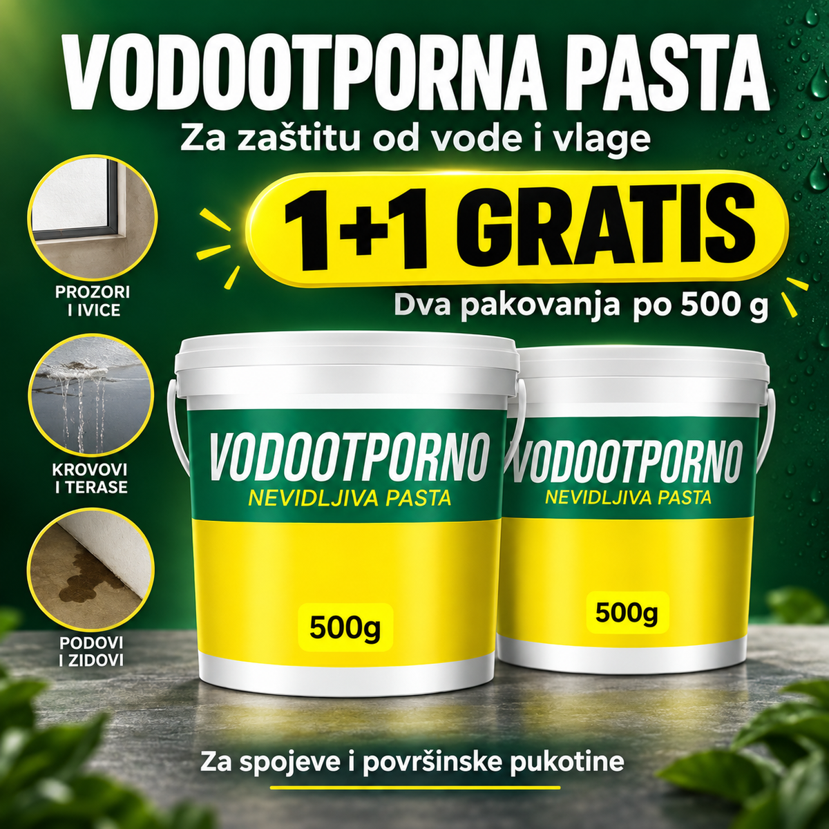 Vodootporna pasta za hidroizolaciju – ponuda 1+1 gratis, dva pakovanja po 500 g.